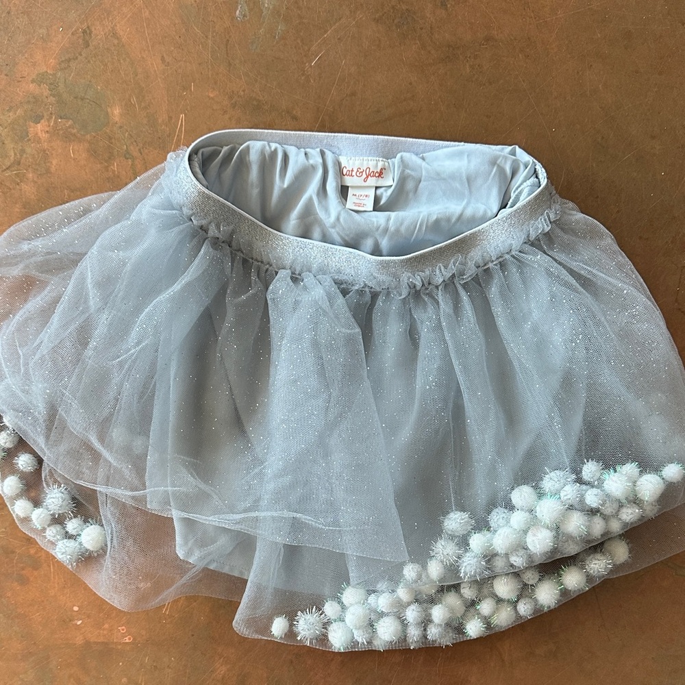 Cat & Jack Silver Tulle Skirt with White Pom-Poms